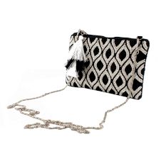 Black And White Beaded Bag With Chain And Tassel
