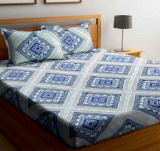 Blue Geometric Polycotton 1 Double King Size Bedsheet with 2 Pillow Covers