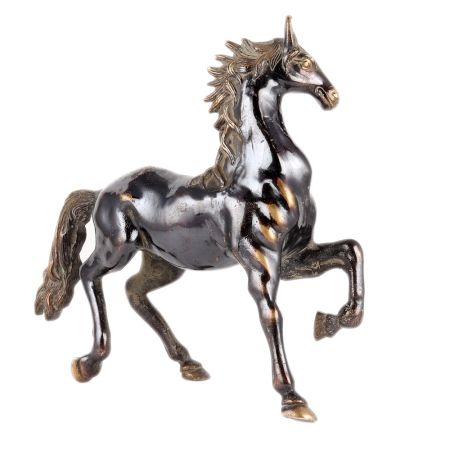 Black Brass Horse Statue With Golden Detailing
