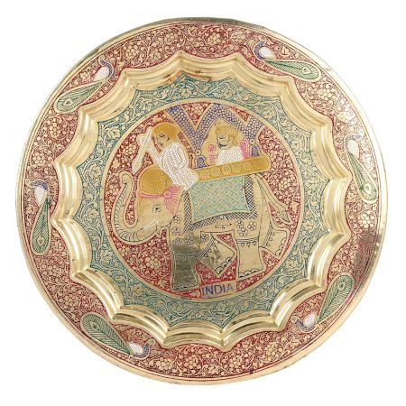 Brass Wall Hanging Plate With Elephant Rider And Meenakari Art