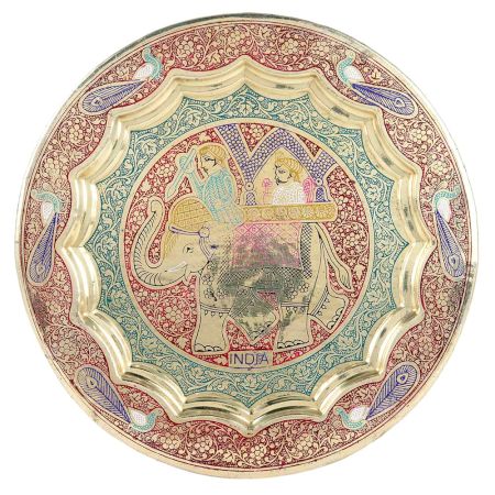 Red Meenakari Brass Wall Hanging Plate With King Elephant Rider Design