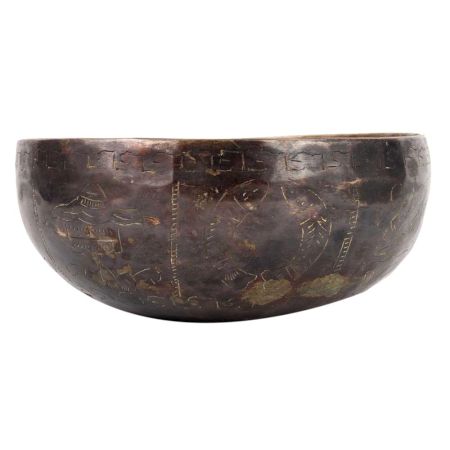 Brass Medium Bowl With Carved Images And Dark Finish