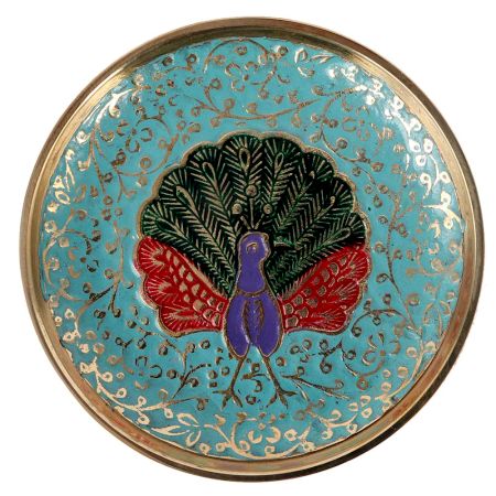 Blue Meenakari Brass Coaster With Peacock Design