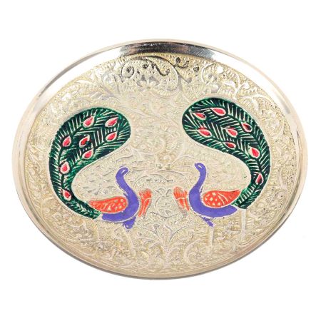 Brass Twin Peacock Design Coaster In Silver Finish