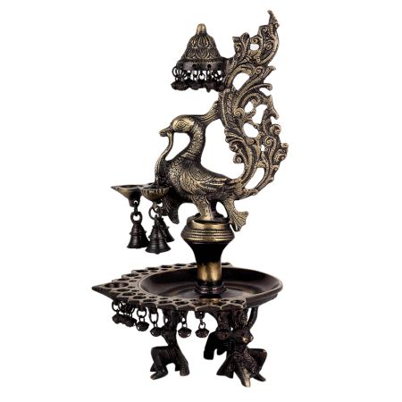 Peacock Design Oil Lamp Brass Diya With Many Bells