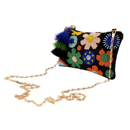 Black Floral Beaded Purse With Chain