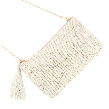 White Beaded Party Bag Or Purse And Tassel