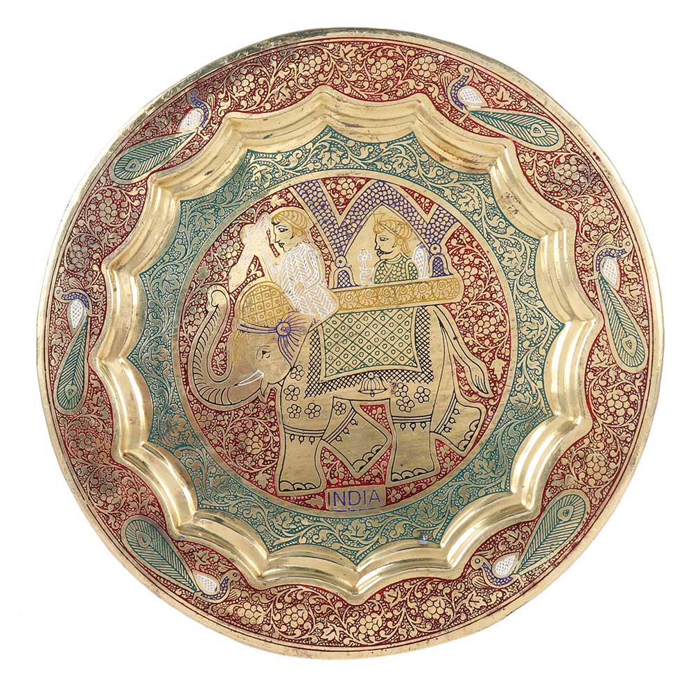 Brass Wall Hanging Plate Elephant Rider Design Inlay Work
