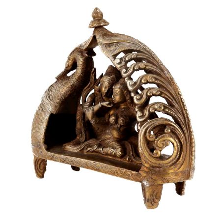 Brass Peacock Boat Radha Krishna Statue