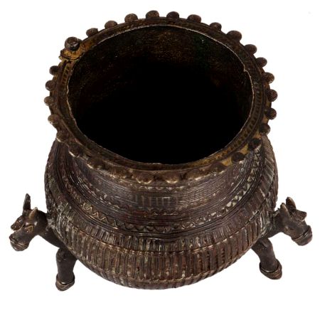 Brass Tribal Carved Planter On Horse Stand In Black Finish