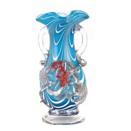 Swirl of White and Blue Hues Glass VaseÂ With Handles