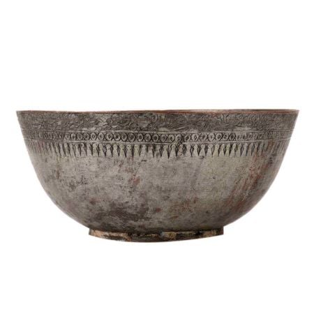 Old Brass Round Bowl With Carved Border On Rim