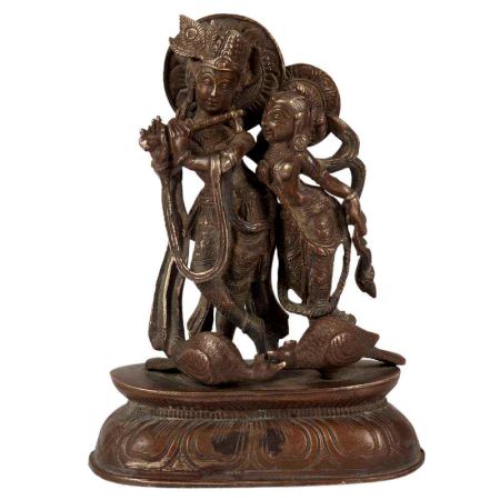 Brass Statue Of Radha Krishna With Peacocks