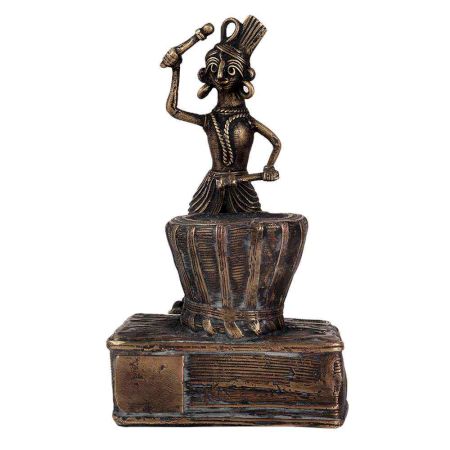 Tribal Brass Drummer Musician Statue In Dark Finish