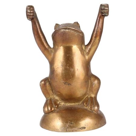 Brass Frog Figurine With Both Hands Raised Above Shoulders