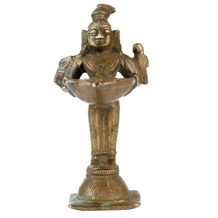 Brass Goddess Meenakshi Holding  Diya With Parrot