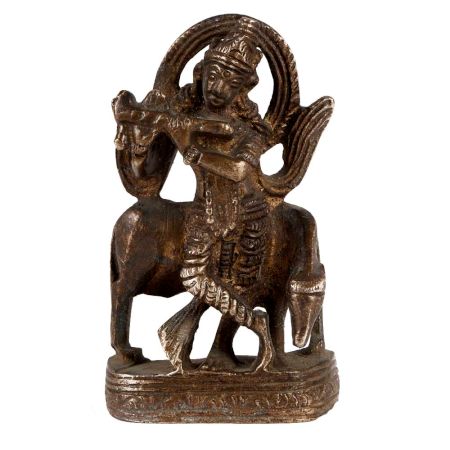 Brass Krishna Statue With Cow In Dark Finish