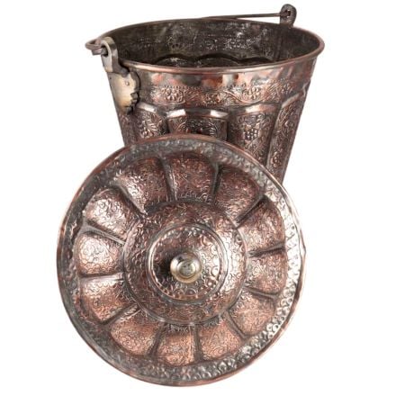 Floral Repouse Copper Bucket with Handle and Lid Finial