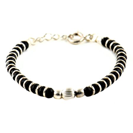 92.5 Sterling Silver Bracelet Crystal Black Bead And Silver Ball Charm