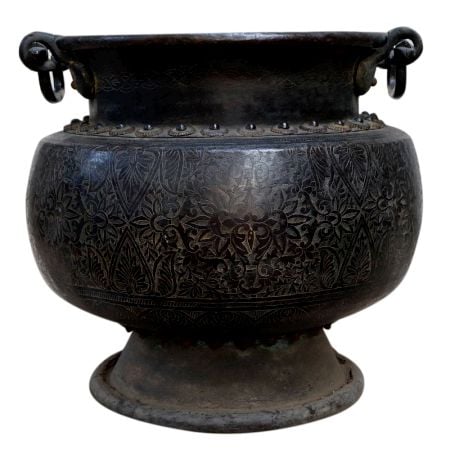 Old Brass Urn Planter With Round Body And Ring Handles