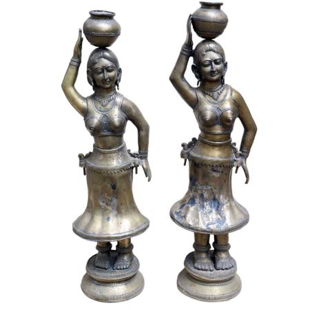 Brass Matka Lady Statue With Nice Black Finish In Pair