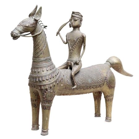 Brass Indian Dhokra Horse and Rider Statue
