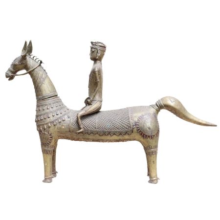 Brass Indian Dhokra Horse and Rider Statue