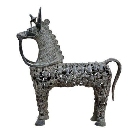 Brass Dhokra Horse Figurine With Gods Engravings