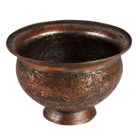 Ornately Carved Leafy Pattern Copper Pot