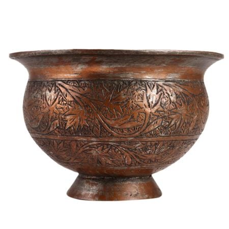 Ornately Carved Leafy Pattern Copper Pot