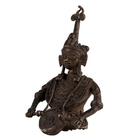 Brass Tribal Musician Figurine With Dholak
