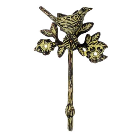 Single Brass Hook With Bird Perched On Branch White Detailing