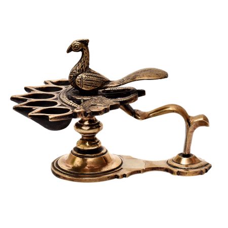 Brass Five Wick Peacock Diya Stand