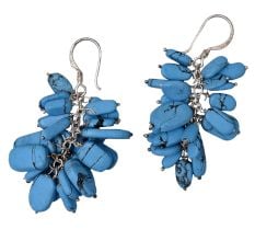 92.5 Sterling Silver Blue Turquoise Stone Cluster Drop Dangle Earrings