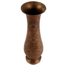 Brass Vase With Floral Engravings And Enamel Accents