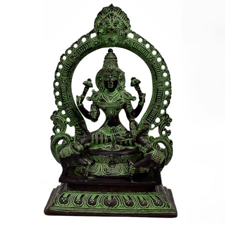 Handmade Black Brass Goddess Lakshmi Statue With Prabhavali Sitting On Sihashan