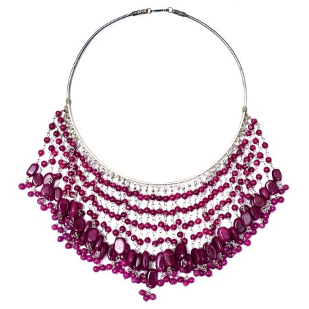 92.7 Sterling Silver Red Garnet Beaded Fringed Necklace
