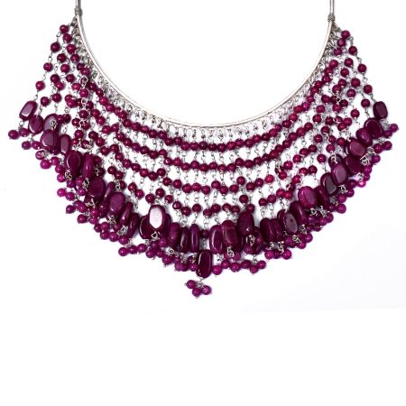 92.7 Sterling Silver Red Garnet Beaded Fringed Necklace
