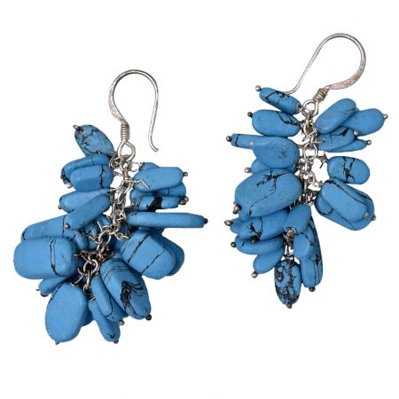 92.5 Sterling Silver Blue Turquoise Stone Cluster Drop Dangle Earrings