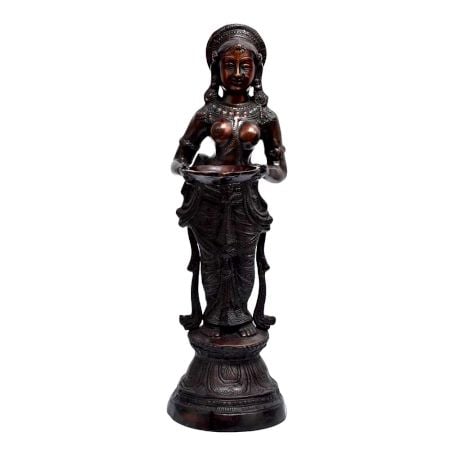 Brass Deep Laxmi Holding Oil Lamp In Antique Finish