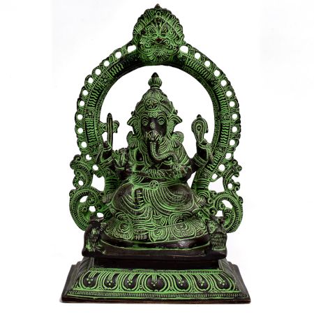 Brass Ganesha Statue In Green Finish And Arch