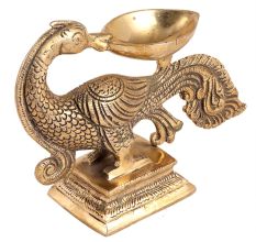 Deepak Oil Lamp Stand with Carved Peacock Figurine