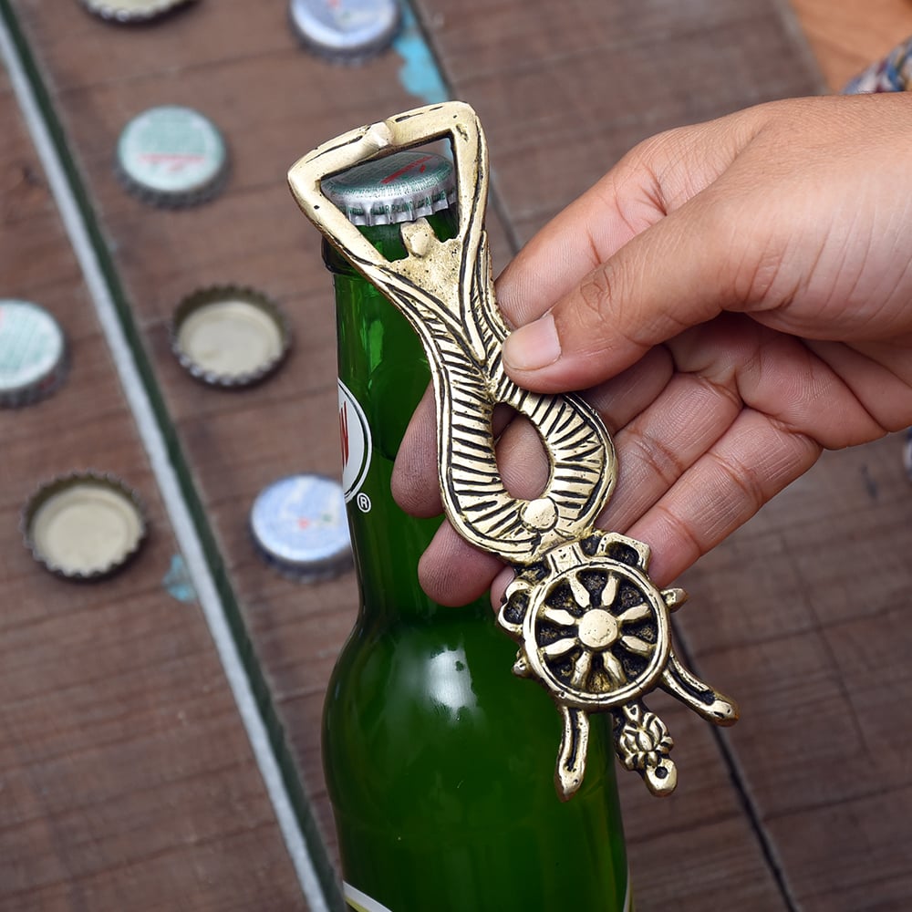 Brass Bottle Opener With Wheel and Flower on Top