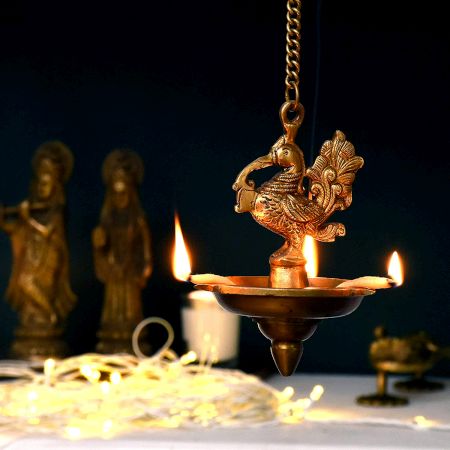 Magnificent Brass peacock With Hanging Lamp Or Diya