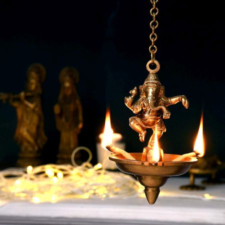 Brass Lord Ganesha With Hanging Lamp Or Diya