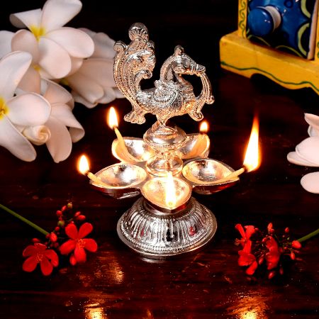 Brass Peacock Figurine Oil Lamp Diya With a Silver Polish For Diwali