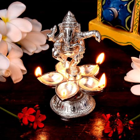 Brass Dancing Ganesha Statue With Five Diyas In Nickel Finish