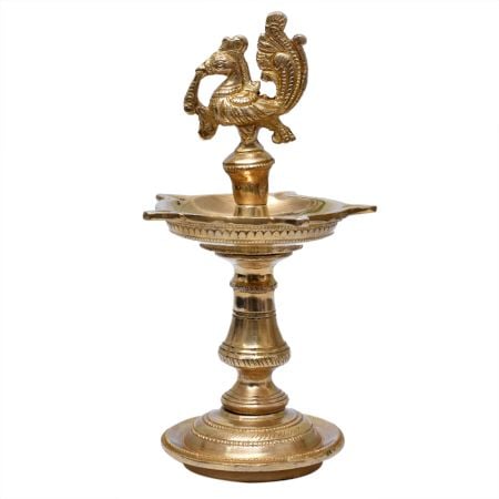 Golden Brass Peacock Design Oil Lamp Mayil Vilakku Diya