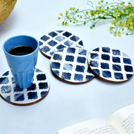 Wooden And Resin Blue Moroccan Pattern Coasters In Set Of 4