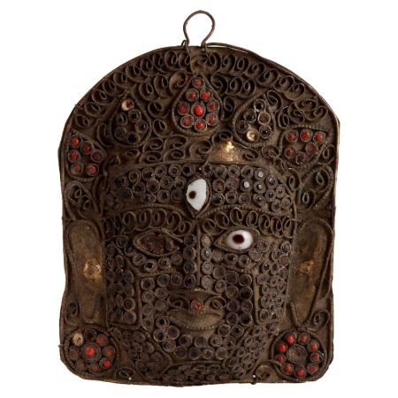 Old Buddhist Brass Mask Wall Hanging Embellished With Stones